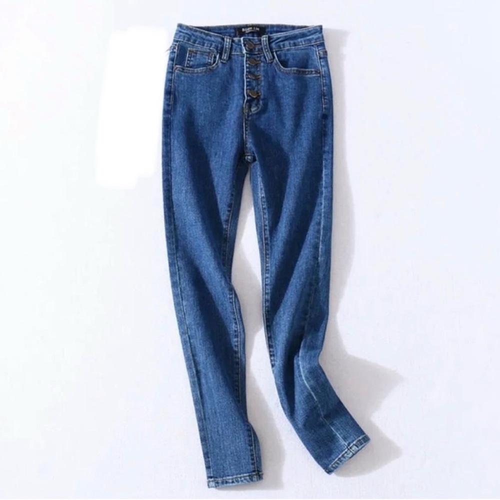 High Waisted Slim Fit Jeans Blue Denim Button Fly Skinny Pants